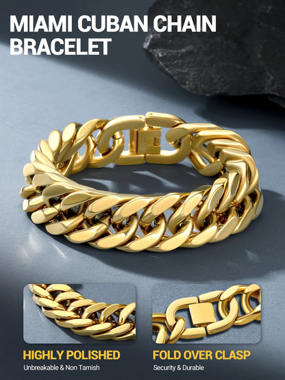 Men Stainless Steel 17Mm Cuban Chain Bracelets Chunky Franco Gold Plated Chain Bracelet 7.5 Inch Chains Jewelry Birthday Valentine Graduation Father Day Gifts