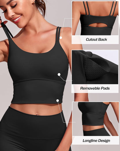 Womens Longline Sports Bra Padded Yoga Workout Crop Tank Tops Strappy Camisole Fitness Shirts